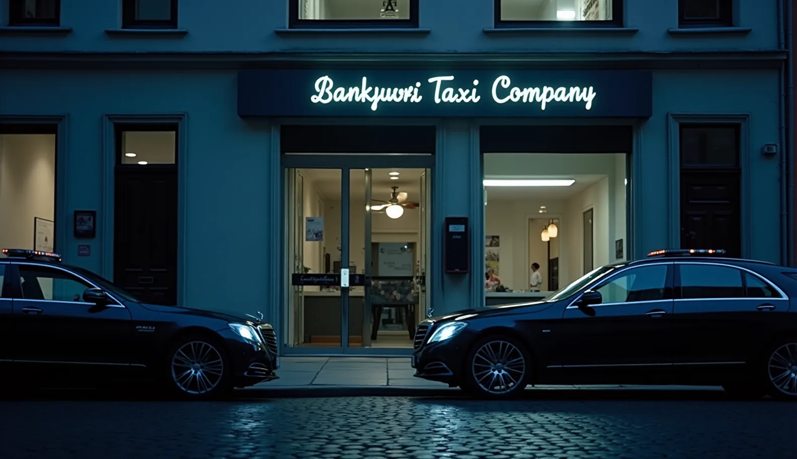 Wejście do biura taxi przy ul. Krótkiej w Kielcach, przed nim dwa auta